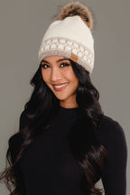 Ivory & Taupe Patterned Knit Pom Hat