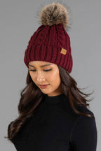 Burgundy Cable Knit Design Pom Hat