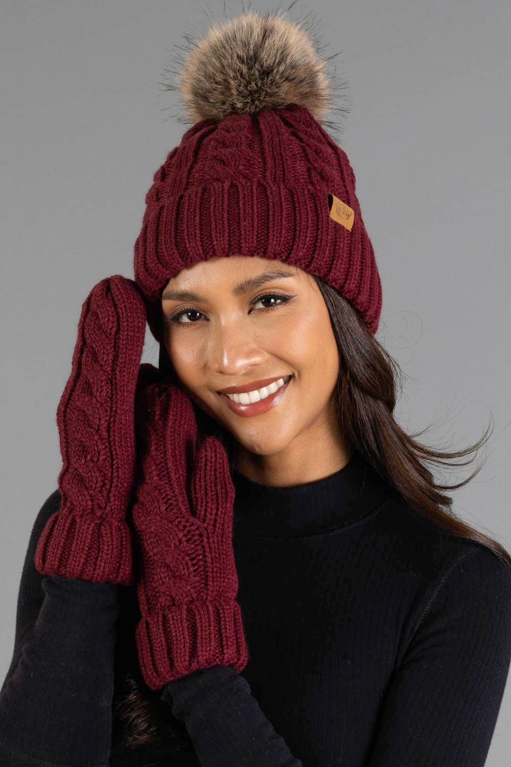 Burgundy Cable Knit Design Mittens