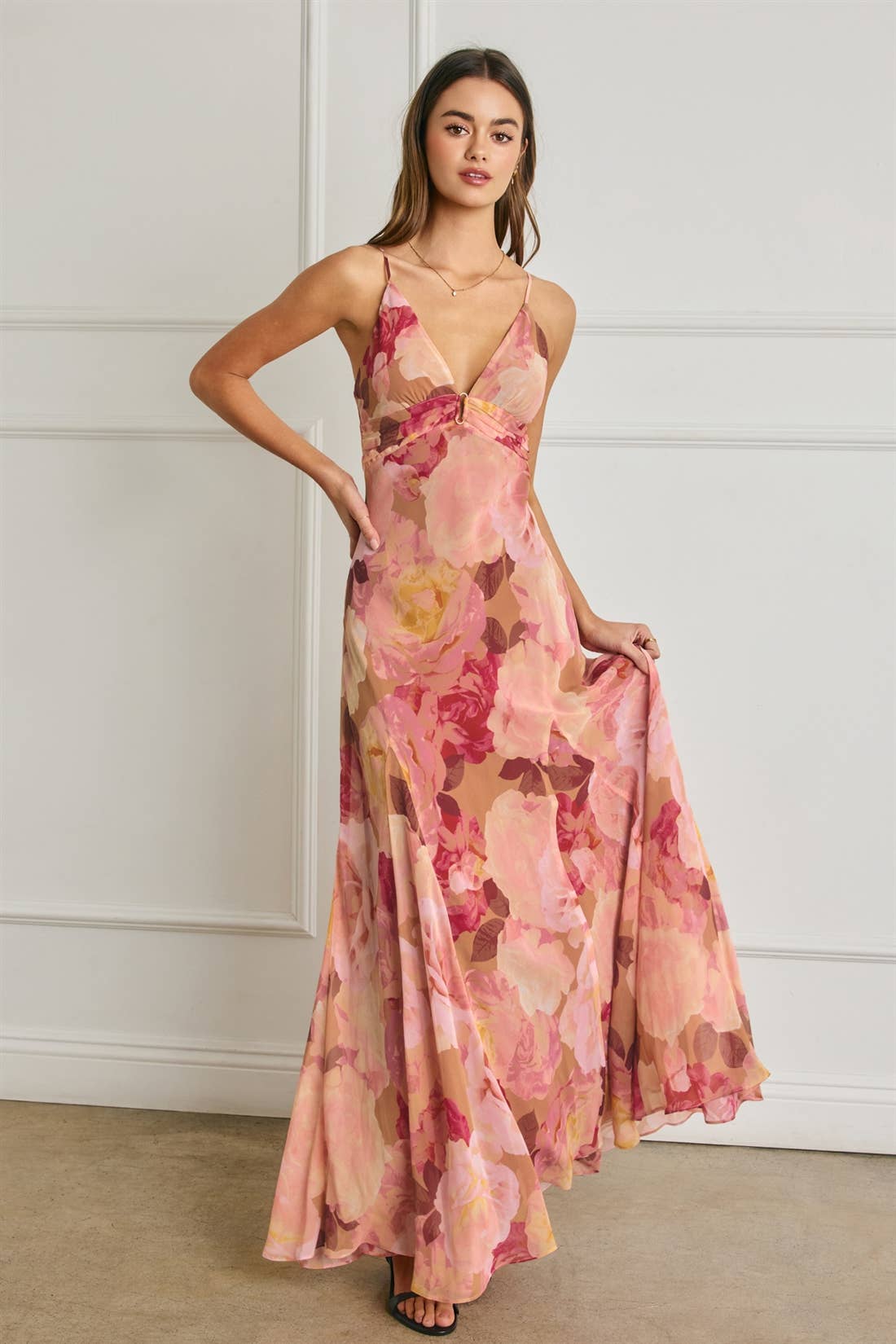 Bold Floral Frilly Hem Maxi Dress
