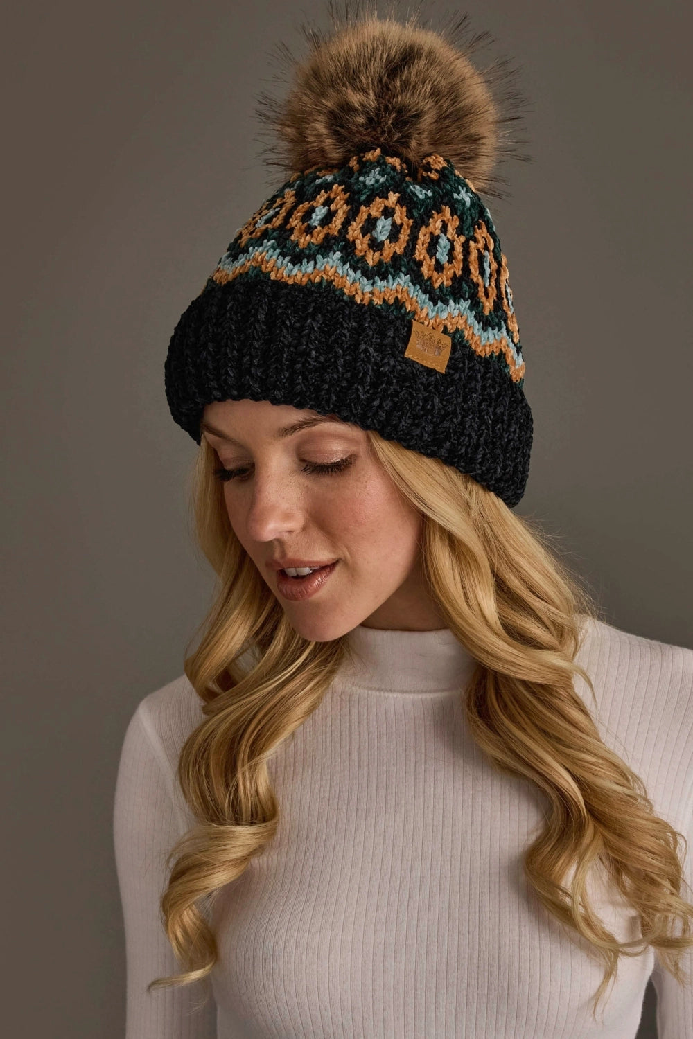 Black & Multicolored Chenille Pom Hat