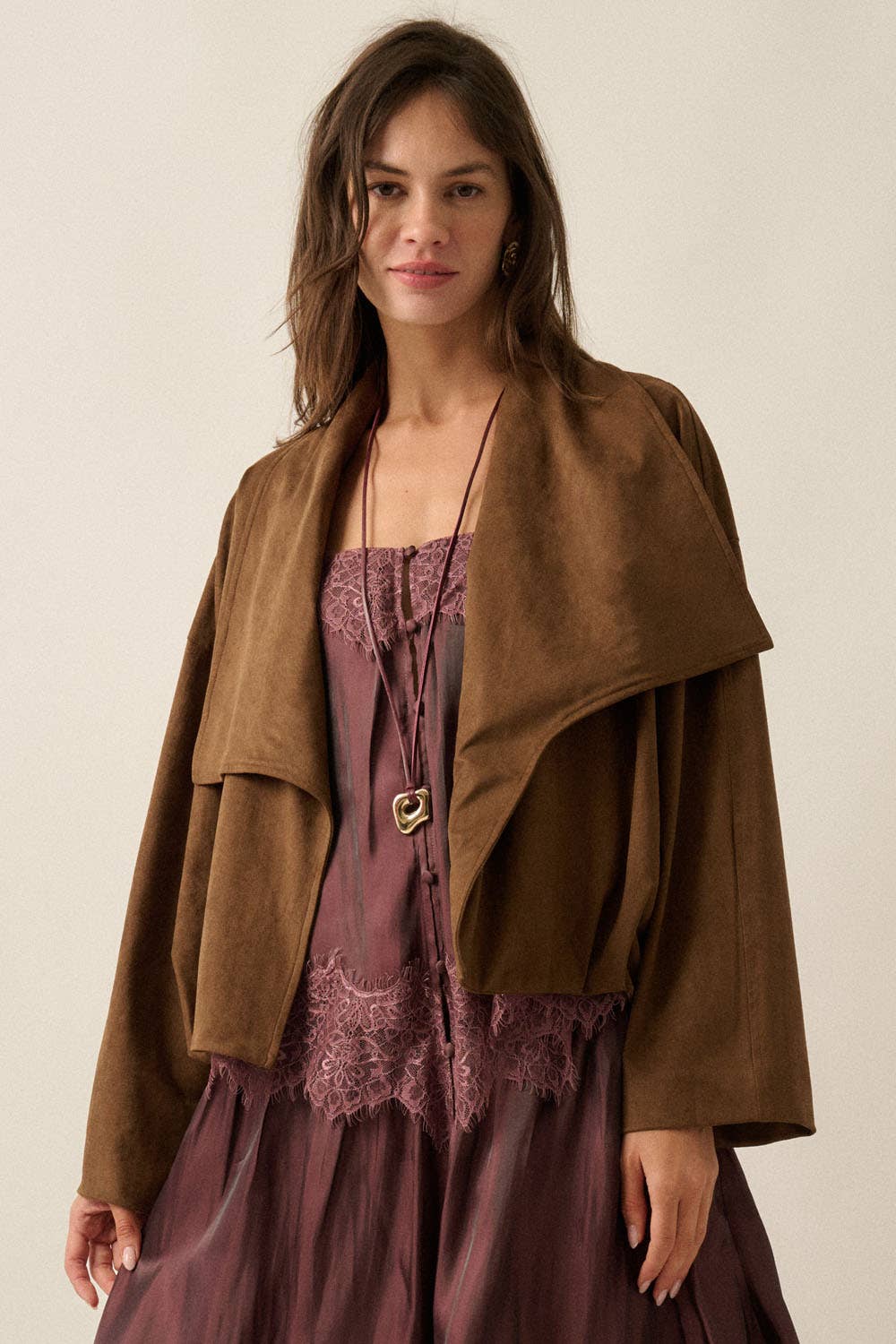 Faux Suede Oversized-Collar Jacket