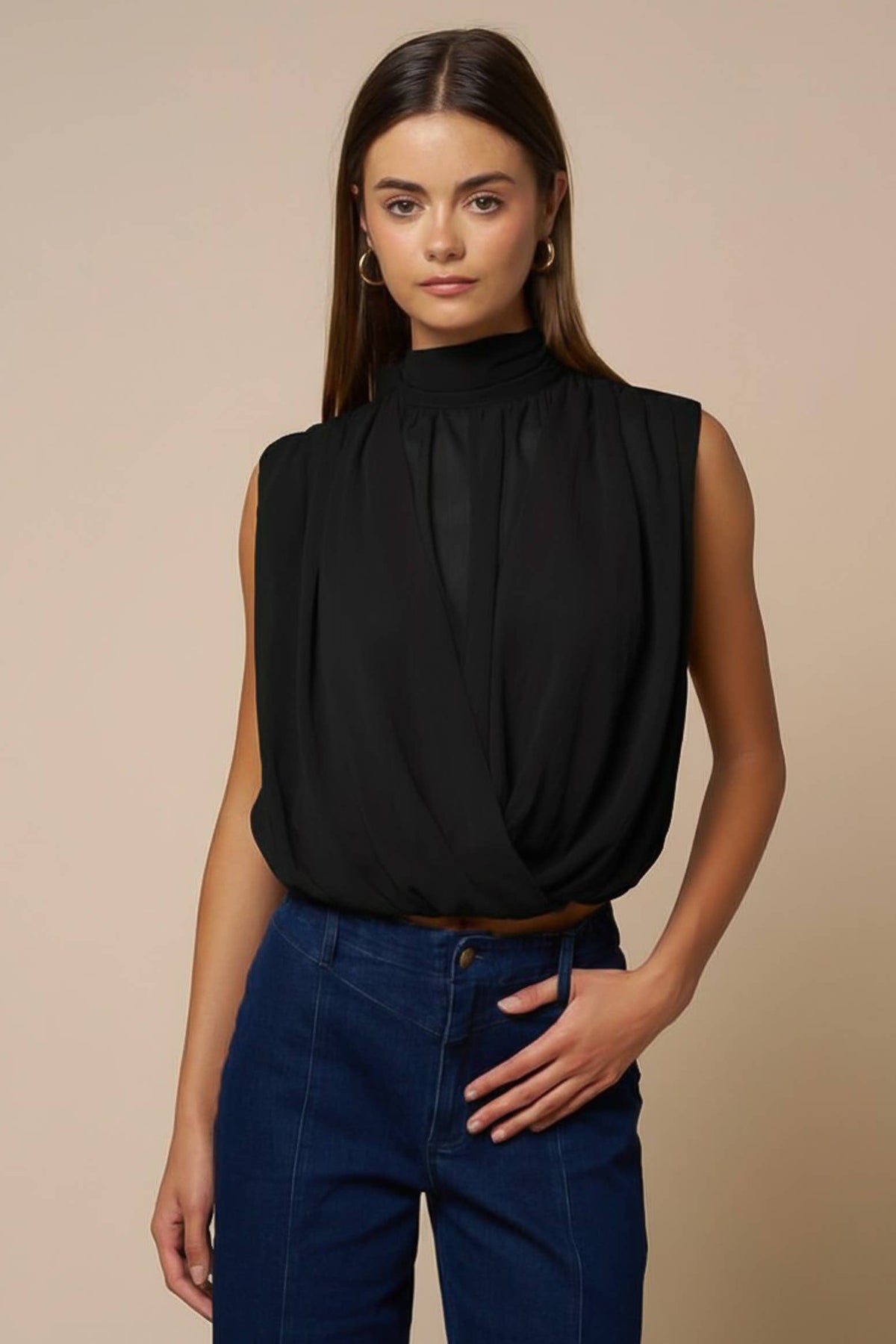 Draped Chiffon Mock Neck