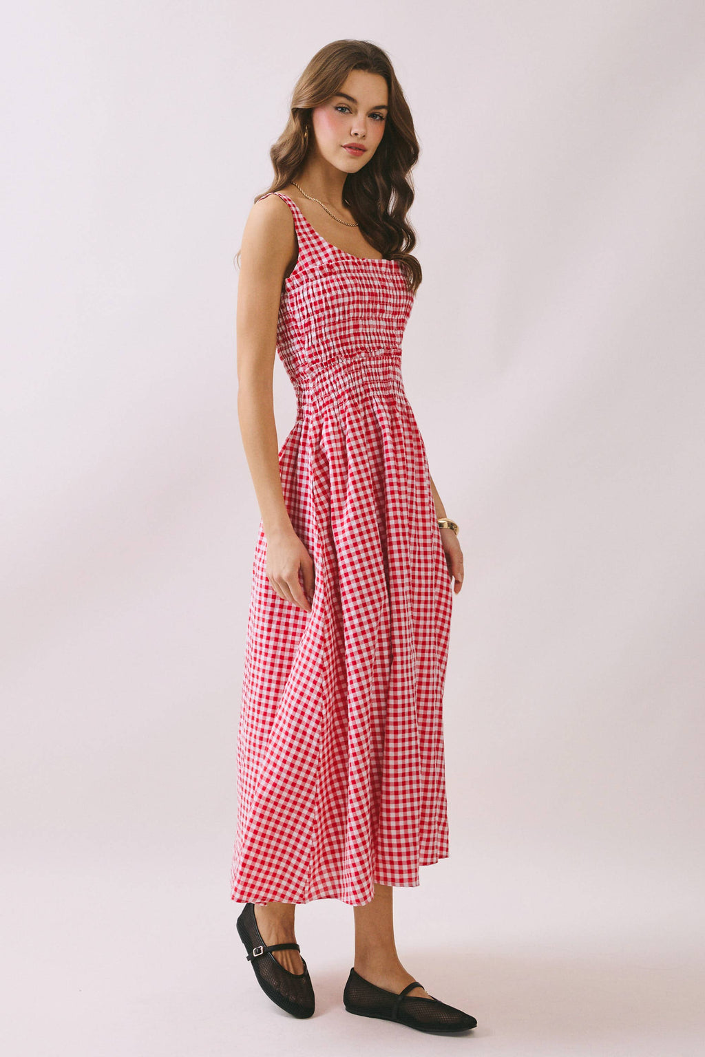 Final Sale-Gingham Smocked Midi Dress