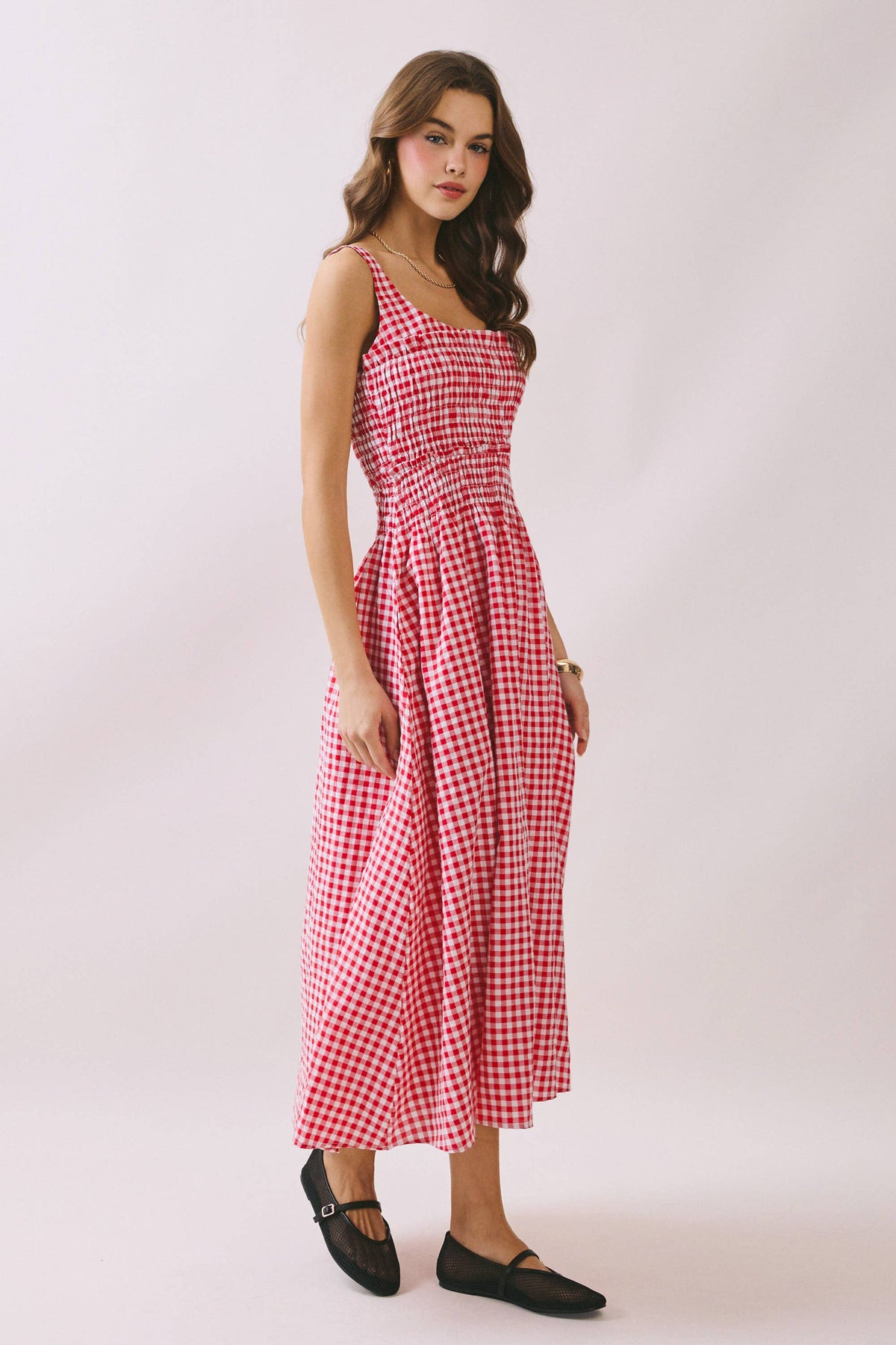 Final Sale-Gingham Smocked Midi Dress