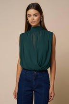 Draped Chiffon Mock Neck