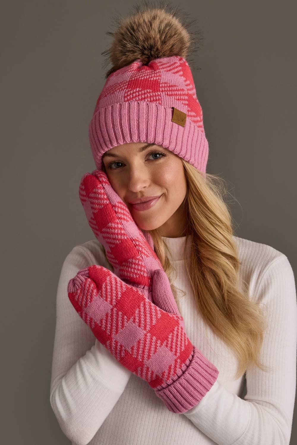 Pink & Bright Pink Plaid Knit Pom Hat