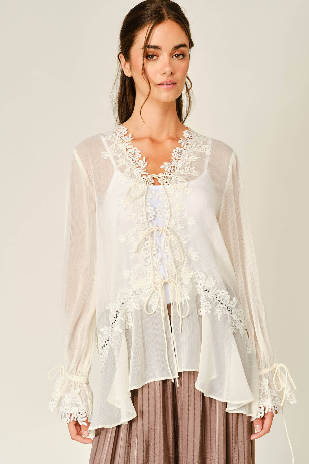 Sheer Lace Ruffle Blouse