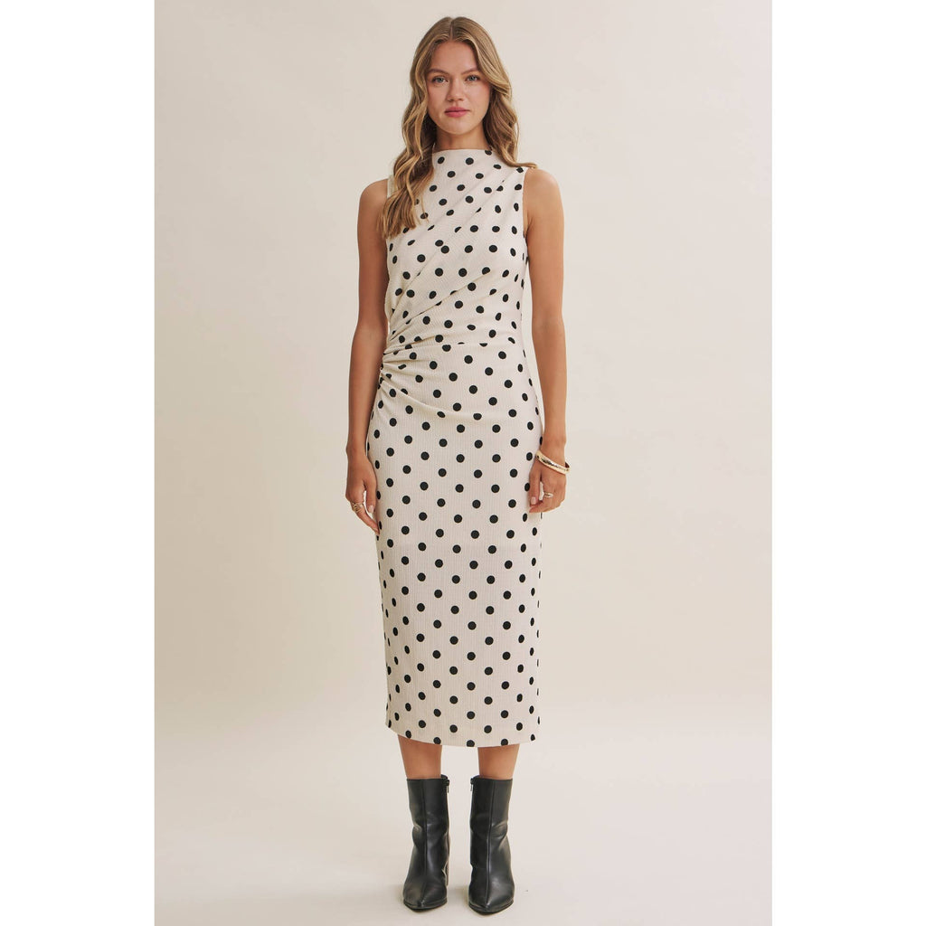 Polka Dot Ruched Midi Dress
