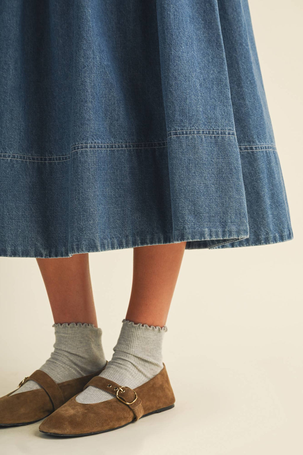 High-Waist Pleated A-Line Denim Skirt