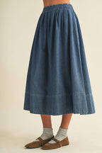 High-Waist Pleated A-Line Denim Skirt