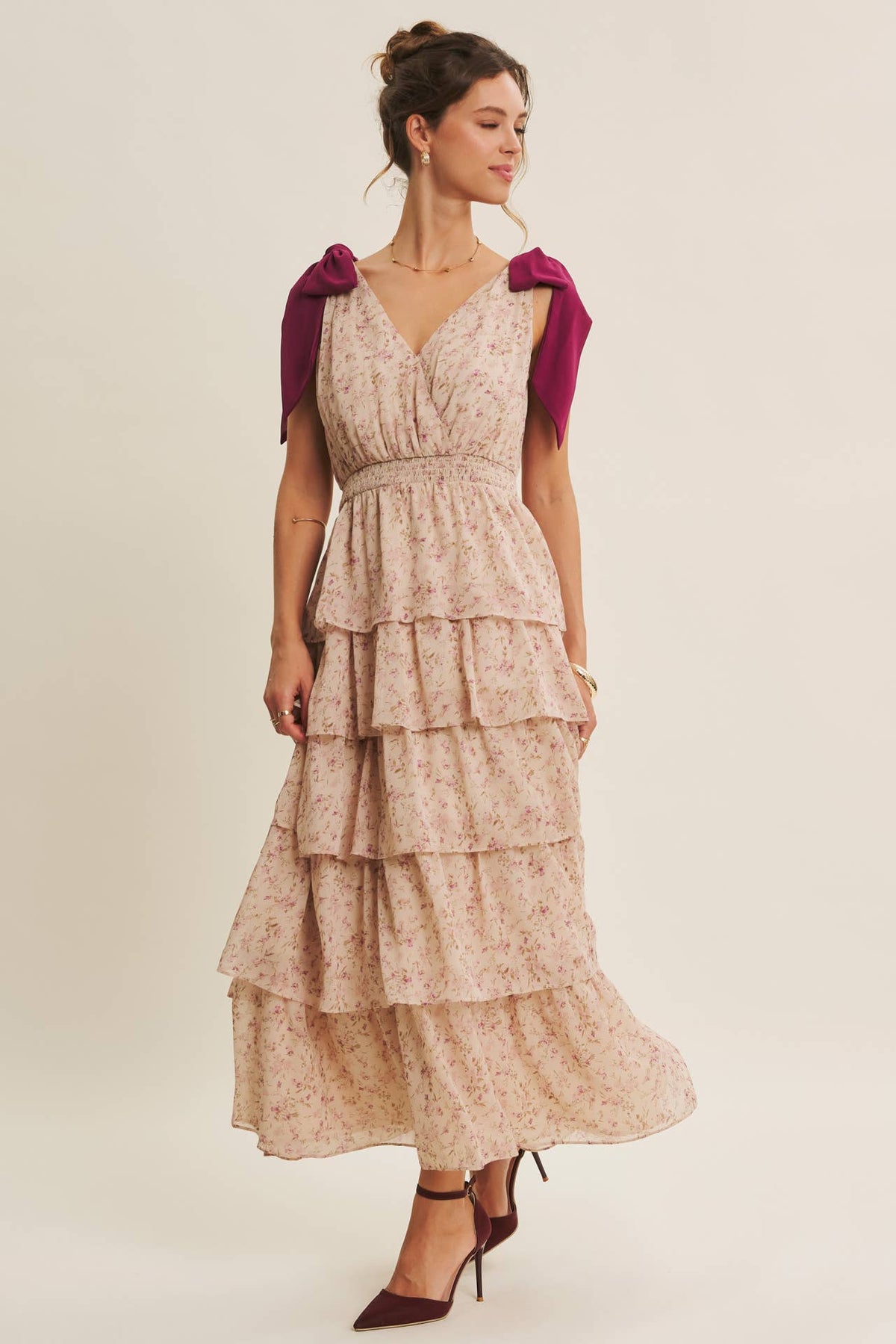 Beloved Tiered Floral Shoulder-Tie Maxi Dress