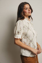 Final Sale-Embroidered Ruffle Collar Cotton Blouse