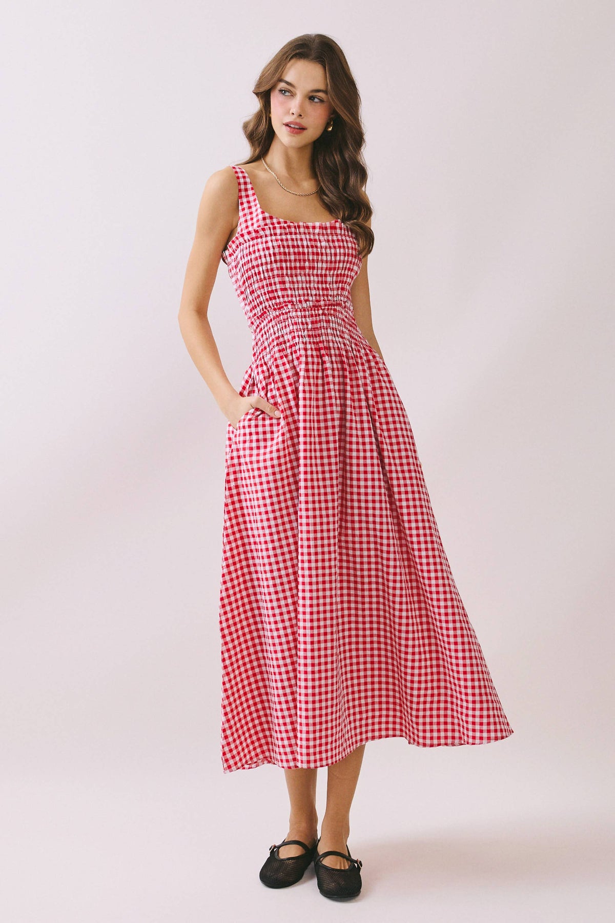 Final Sale-Gingham Smocked Midi Dress