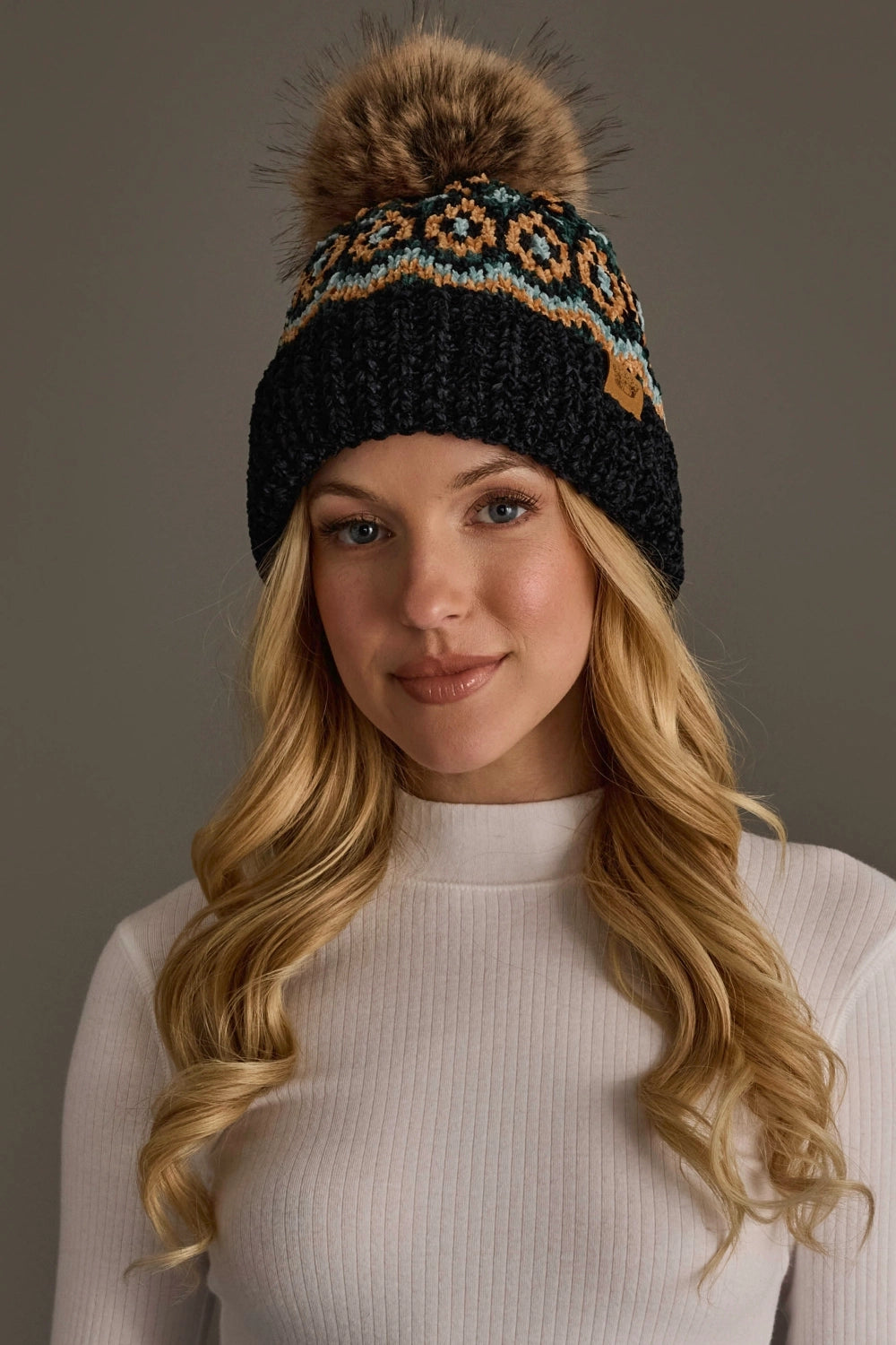 Black & Multicolored Chenille Pom Hat