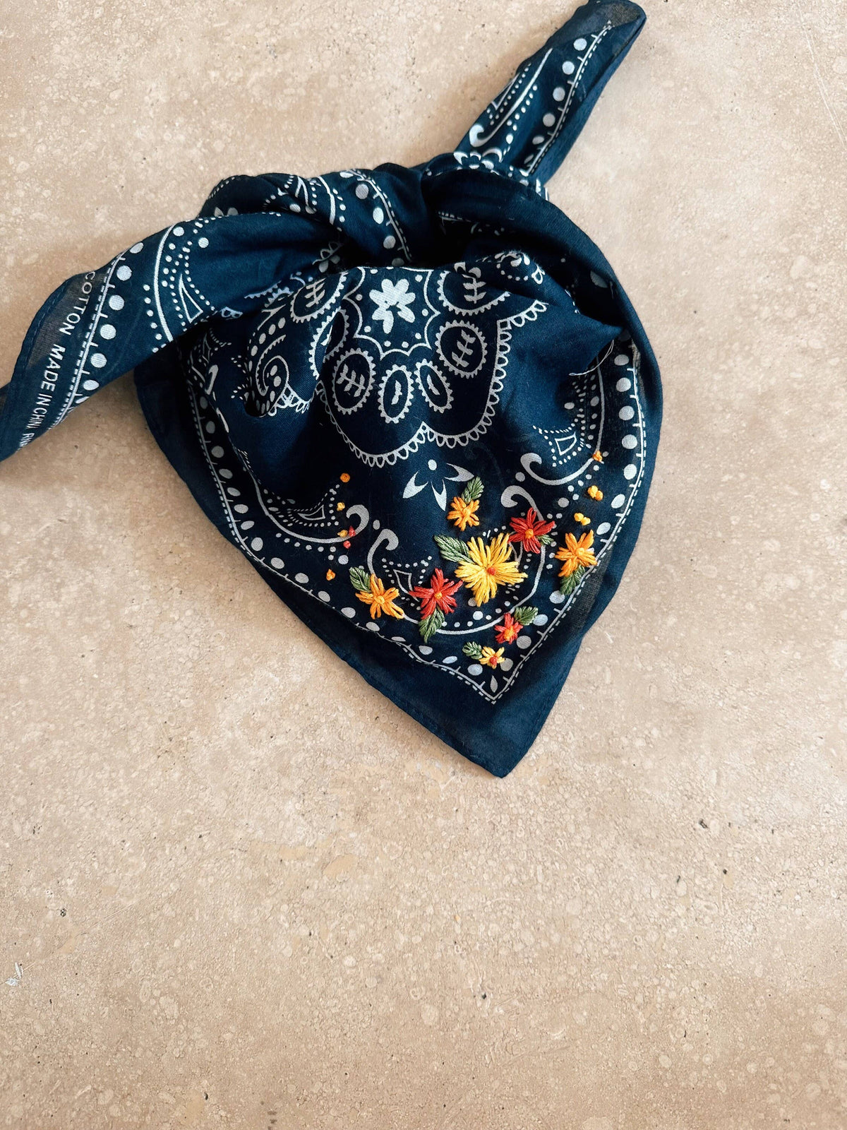 Final Sale-Embroidered Navy Bandana With Bright Flowers