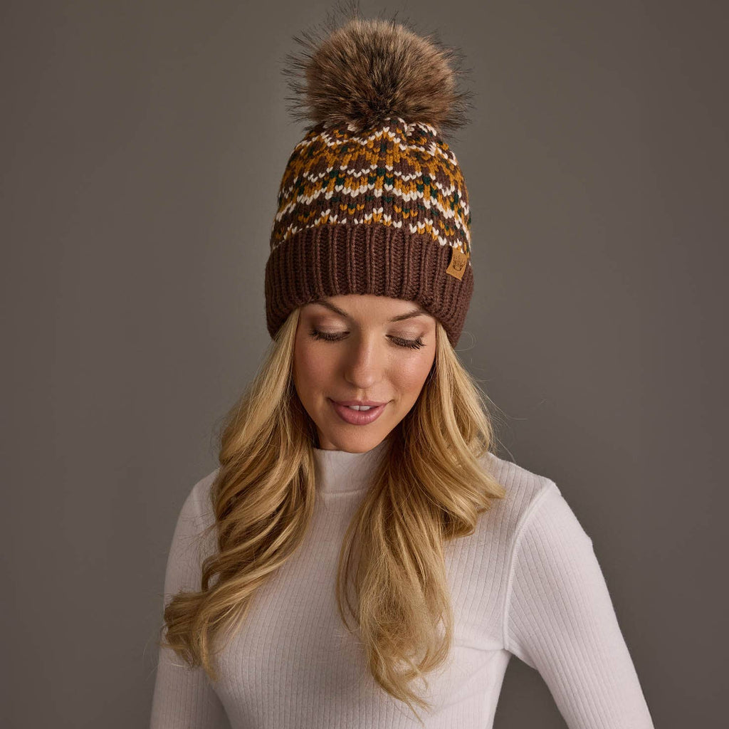Brown, Mustard & Cream Patterned Pom Hat