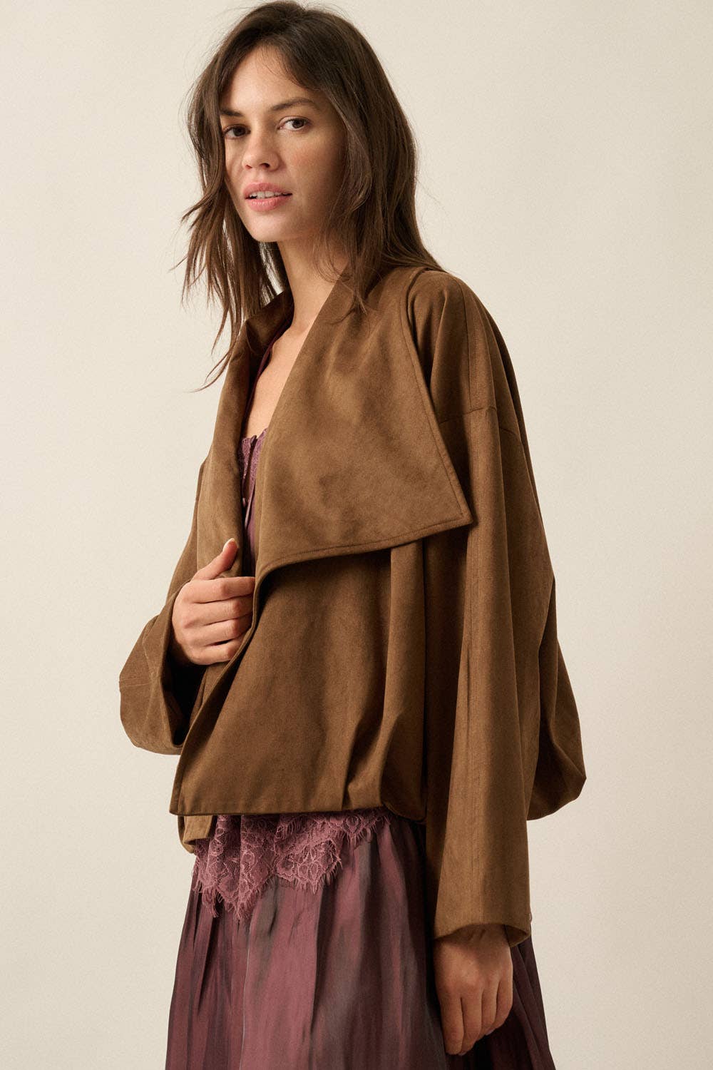 Faux Suede Oversized-Collar Jacket