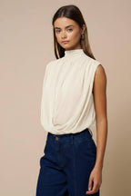 Draped Chiffon Mock Neck