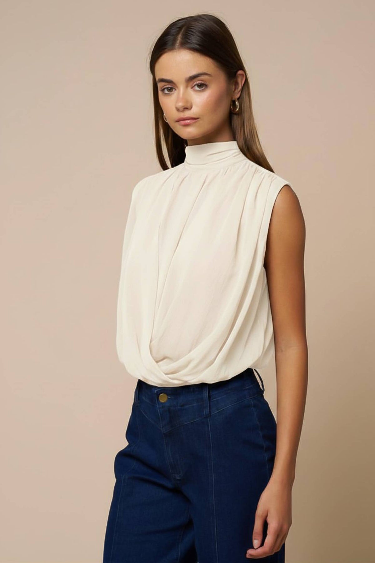 Draped Chiffon Mock Neck