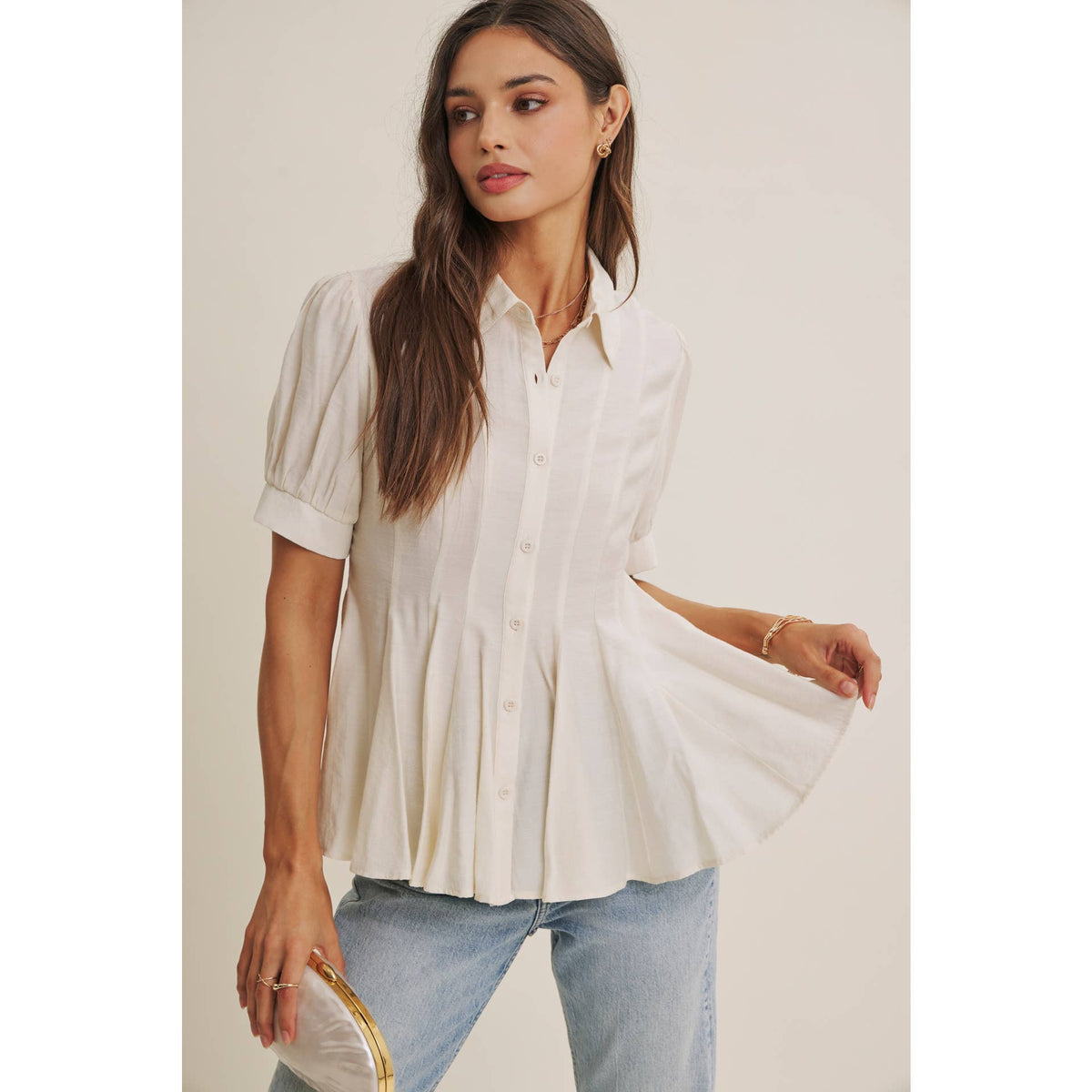 Final Sale-Pleated Button-Down Top