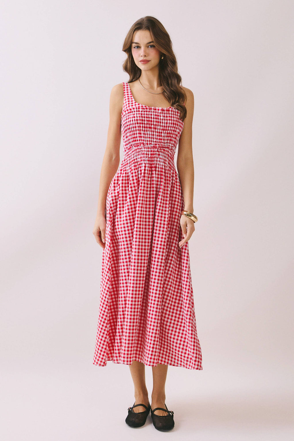 Final Sale-Gingham Smocked Midi Dress