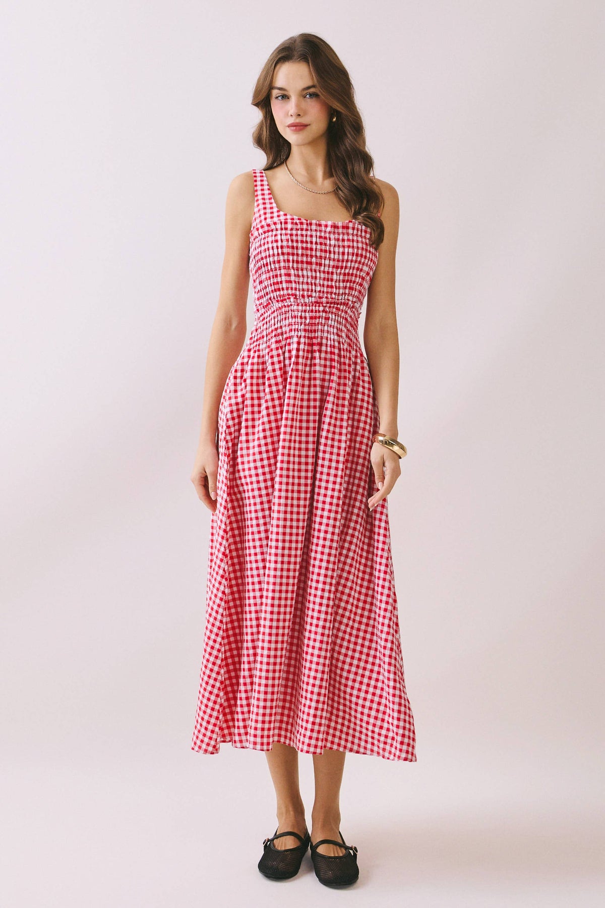 Final Sale-Gingham Smocked Midi Dress