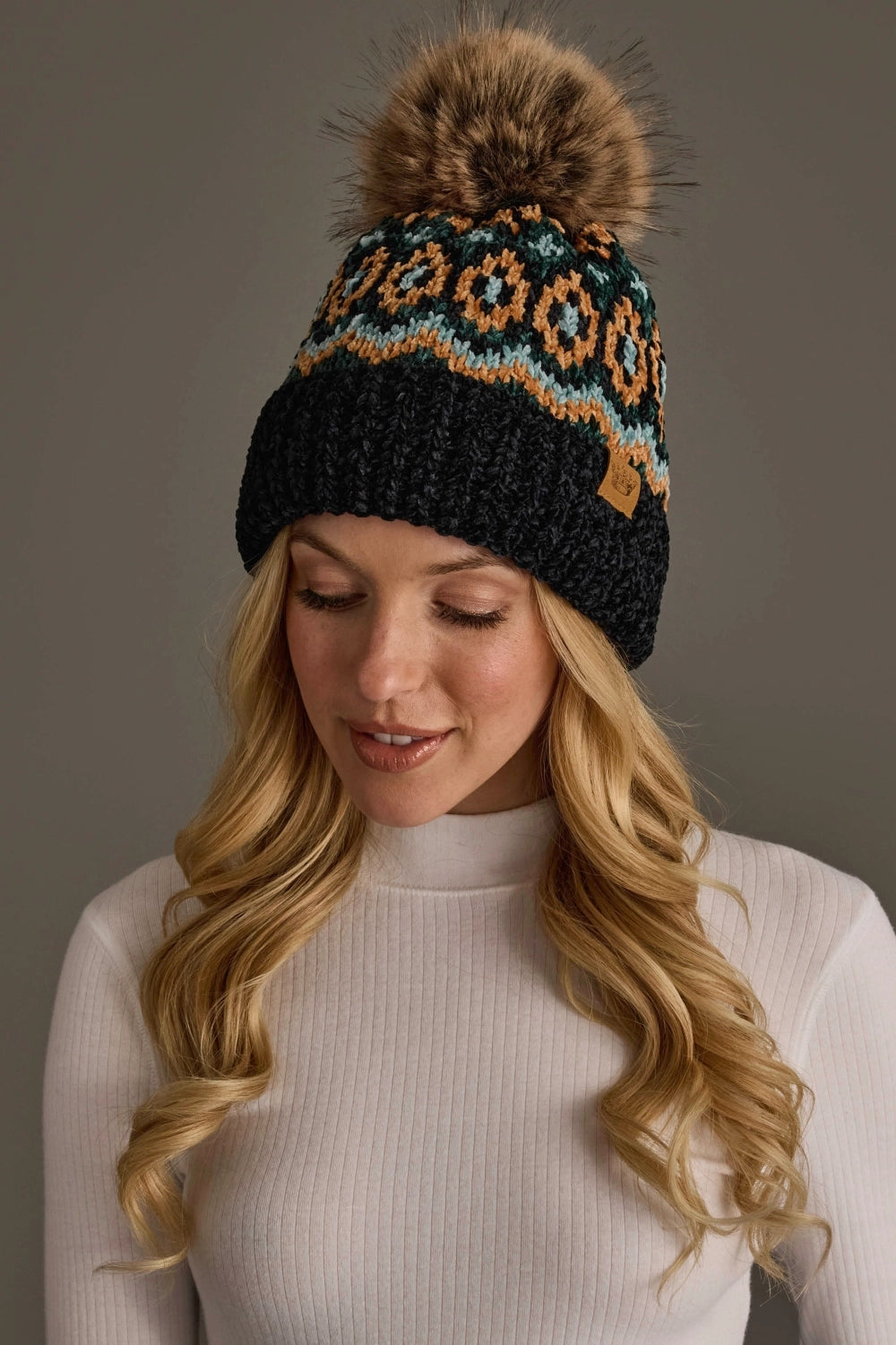 Black & Multicolored Chenille Pom Hat