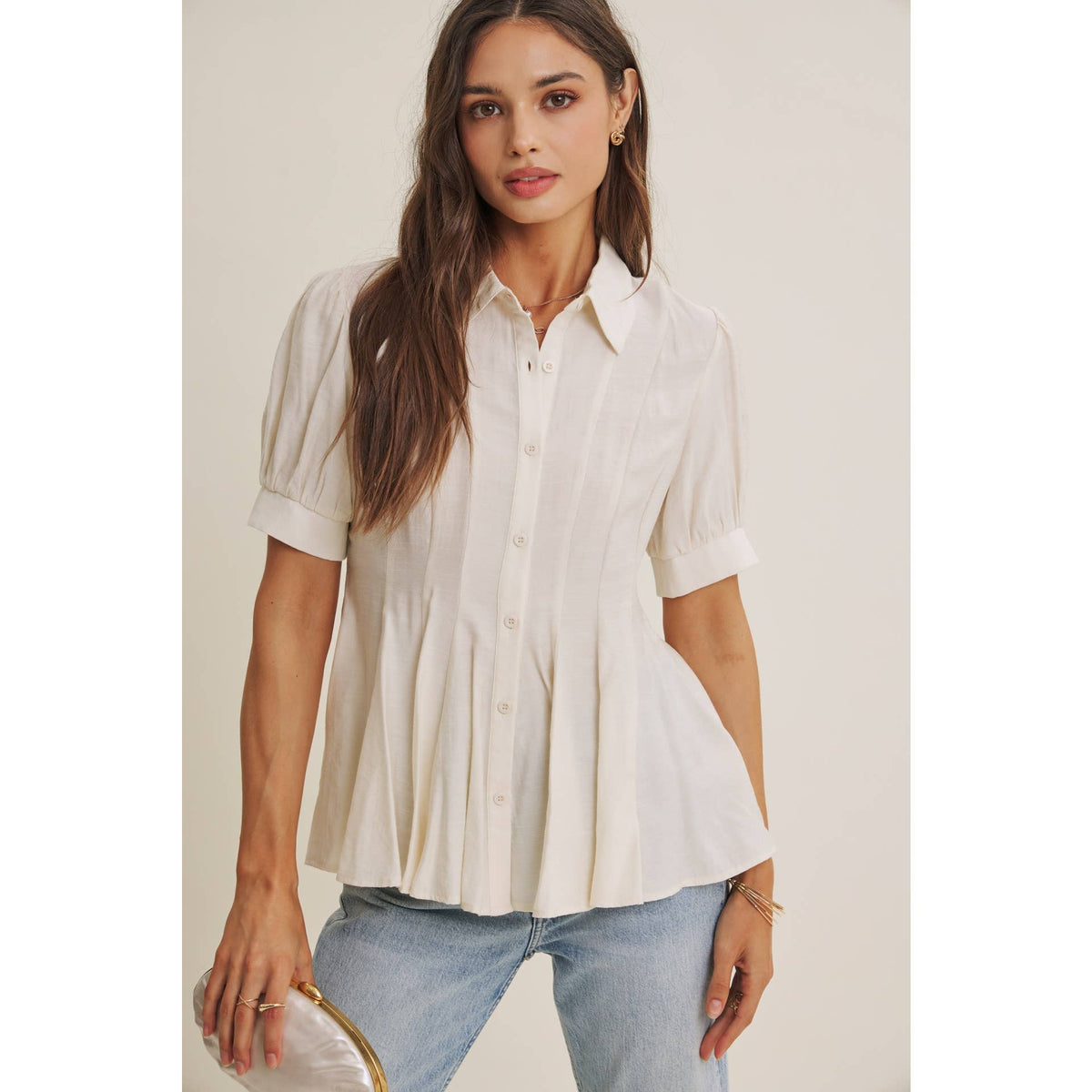 Final Sale-Pleated Button-Down Top