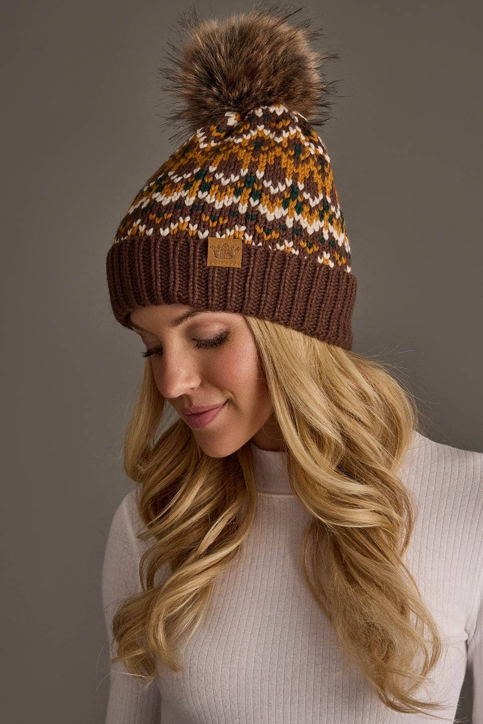Brown, Mustard & Cream Patterned Pom Hat