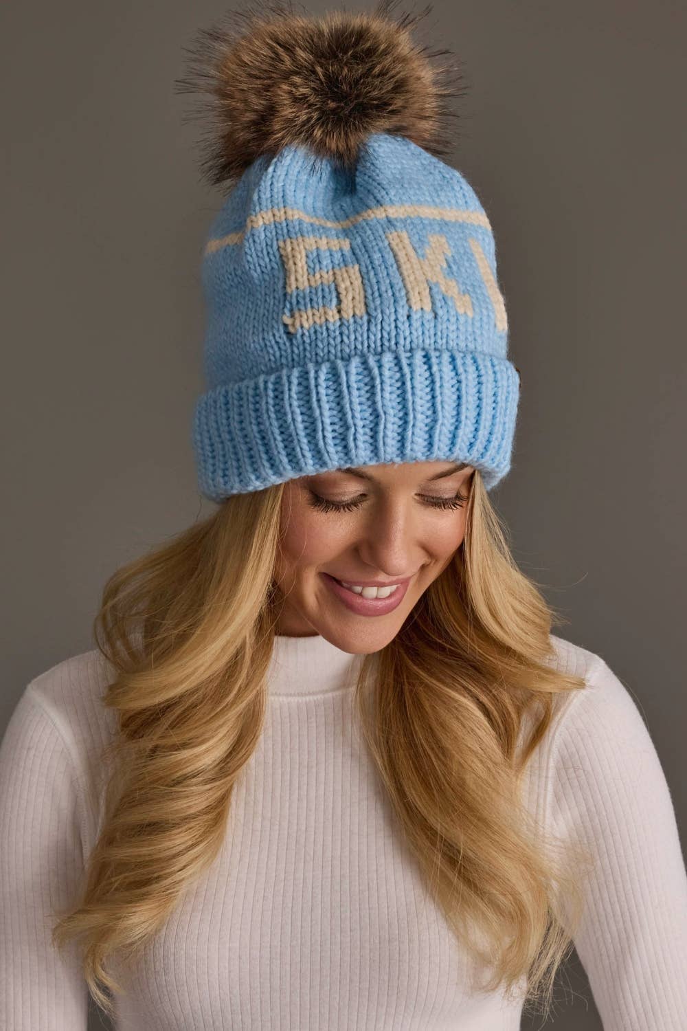 Lt. Blue & Beige Ski Pom Hat