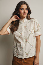 Final Sale-Embroidered Ruffle Collar Cotton Blouse