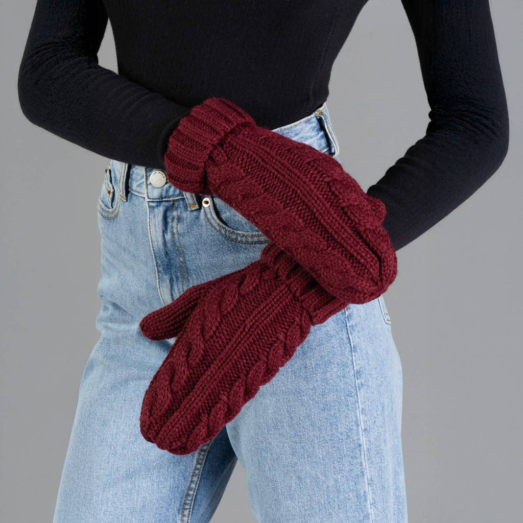 Burgundy Cable Knit Design Mittens