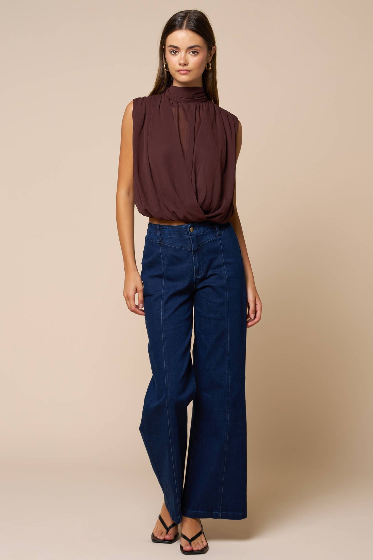 Draped Chiffon Mock Neck