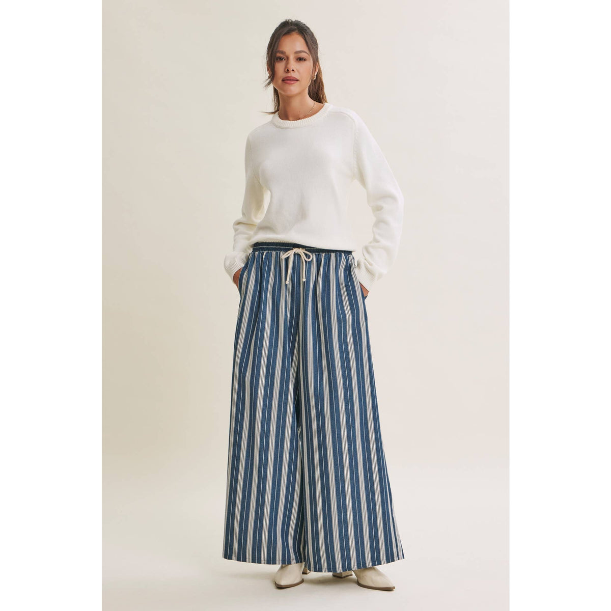 Vertical Stripe Wide-Leg Pants