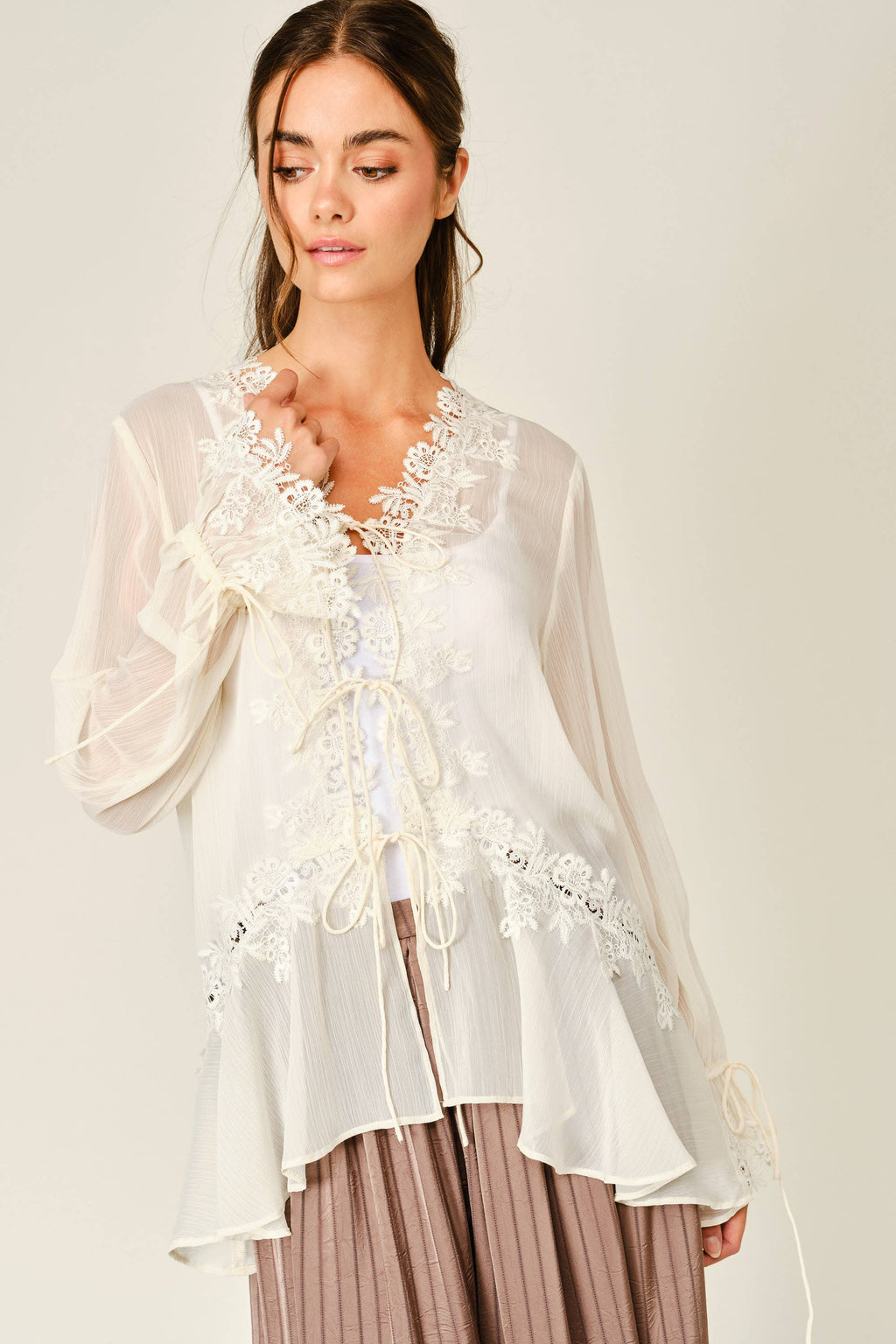 Sheer Lace Ruffle Blouse